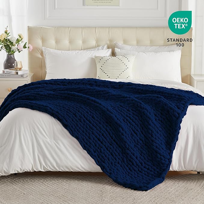 Carriediosa Chunky Knit Throw Blanket 50" X 60", 100% Hand Made Large Chenille Loop Yarn Soft Fluffy Throws for Couch Sofa Bed, Big Crochet Cozy Heavy Thick Cable Woven Blankets, Navy Blue-Ruum Studio Home