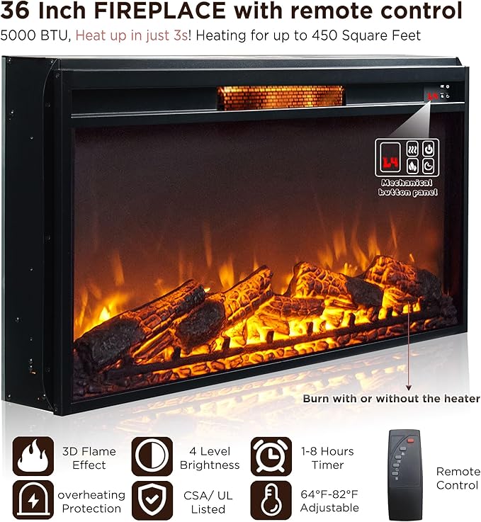 Fireplace TV Stand for 80 Inch TV, 35.7" Tall Farmhouse Entertainment Center W/36'' Electric Fireplace, Media Console with Large Storage Cabinets and Drawers for Living Room, Light Brown-Ruum Studio Home