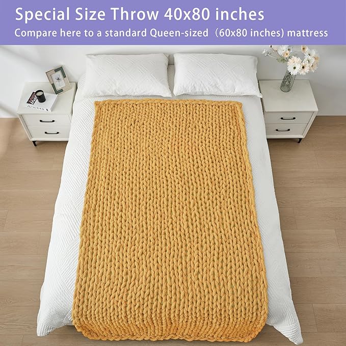 Bigacogo Chunky Knit Throw Blanket for Couch, 40x80 inches, 100% Hand Knitted with Thick Jumbo Chenille Yarn, Cozy Soft Large Rope Knot Cable Crochet Blankets for Sofa Bed Living Room, Mustard Yellow-Ruum Studio Home