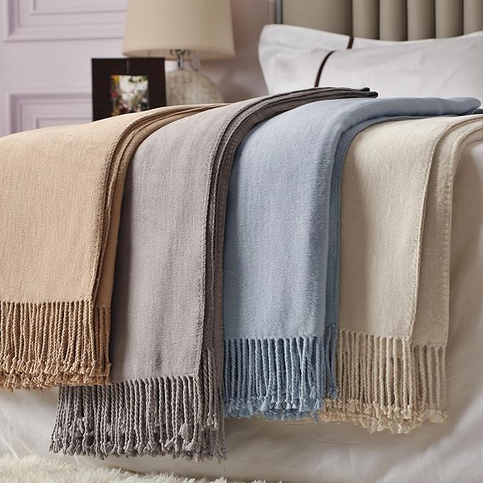 CUDDLE DREAMS Silk Throw Blanket with Hand-Knotted Fringe, Natural, Soft & Breathable (Ice Blue)-Ruum Studio Home