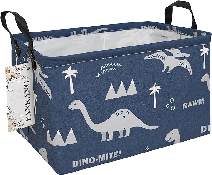 FANKANG Storage Bins, Nursery Hamper Canvas Laundry Basket Foldable with Waterproof PE Coating Large Storage Baskets for Kids Boys and Girls, Office, Bedroom, Clothes,Toys(Rec-Blue dinosaur-Ruum Studio Home