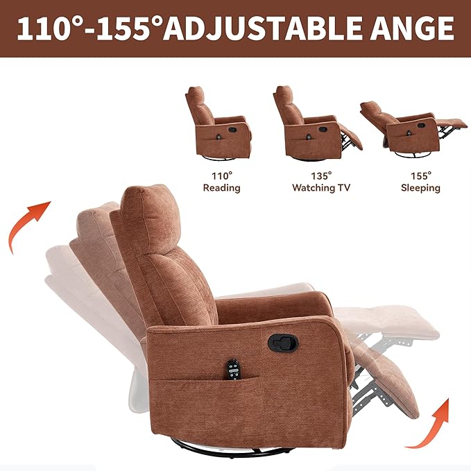 Manual Swivel Rocker Recliner Chair for Adults, Overstuffed Reclining Glider Chair for Nursing with Vibration Massage & Heat, Living Room Rocking Recliner 2-Stage backrest, Chenille Fabric Orange-Ruum Studio Home