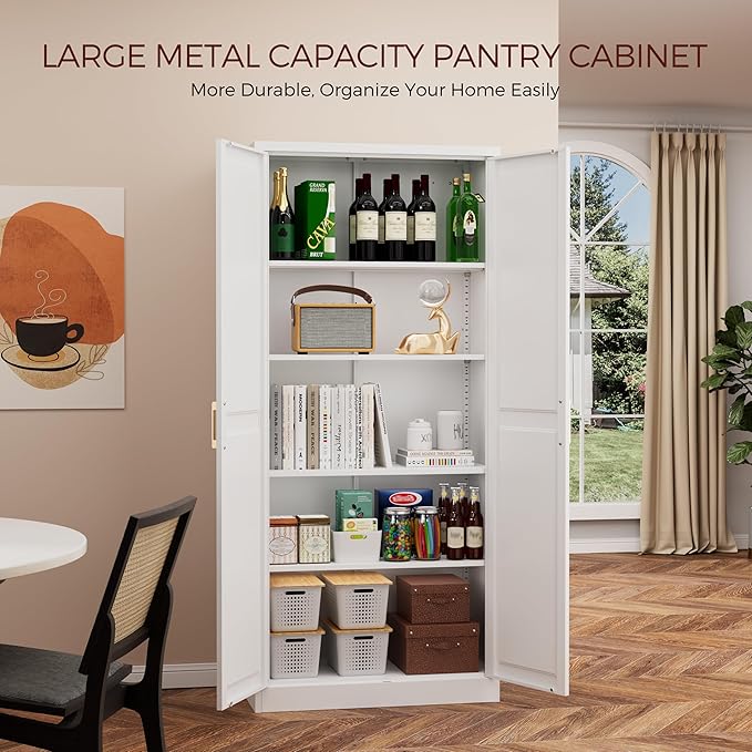 71" Tall Metal Pantry Cabinet, White Kitchen Pantry Storage Cabinet with 4 Adjustable Shelves and Gold Handles, Cupboard for Kitchen, Dining Room, Living Room, Bathroom-Ruum Studio Home