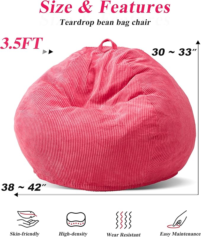 3.5FT Bean Bag Chairs Teardrop Bean Bag Chair for Adults Beanbag Chair with Memory Foam Filled Machine Washable Cover for Living Room, Bedroom (Large,Pink)-Ruum Studio Home