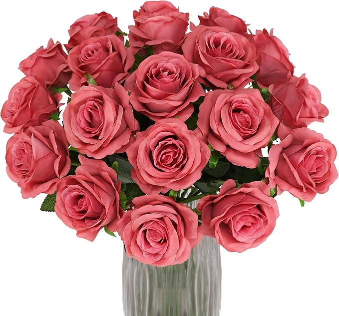 Pink Fake Roses Artificial Flowers - 16 Pcs Fake Artificial Roses Silk Flowers with Stems for Home Wedding Hotel Office Centerpiece Decor（Coral Pink）-Ruum Studio Home