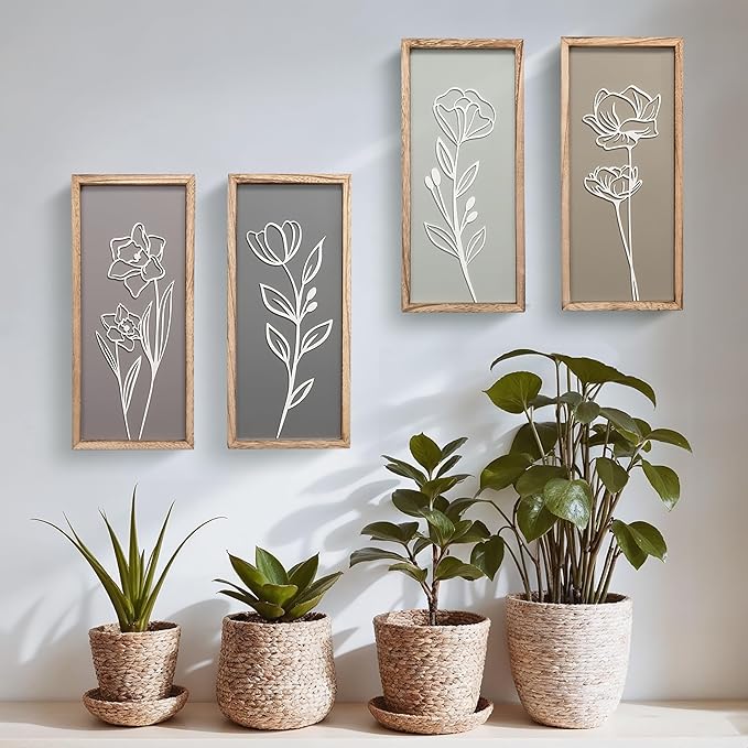 3D Wooden Floral Bathroom Wall Decor (Set of 4) Lightweight, Ready-to-Hang Framed Wall Art For Living Room, Bedroom, or Office - Premium Boho Botanical Farmhouse Decorations - Gift-Boxed-Ruum Studio Home