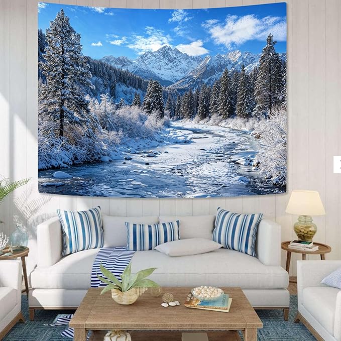 AMM Winter Forest Snow Mountain Tapestry Snowy Pine Tree Woodland Tapestry for Bedroom Aesthetic White Clouds Flowing River Landscape Tapestries Wall Hanging for Living Room Dorm Office 60 x 44 Inch-Ruum Studio Home