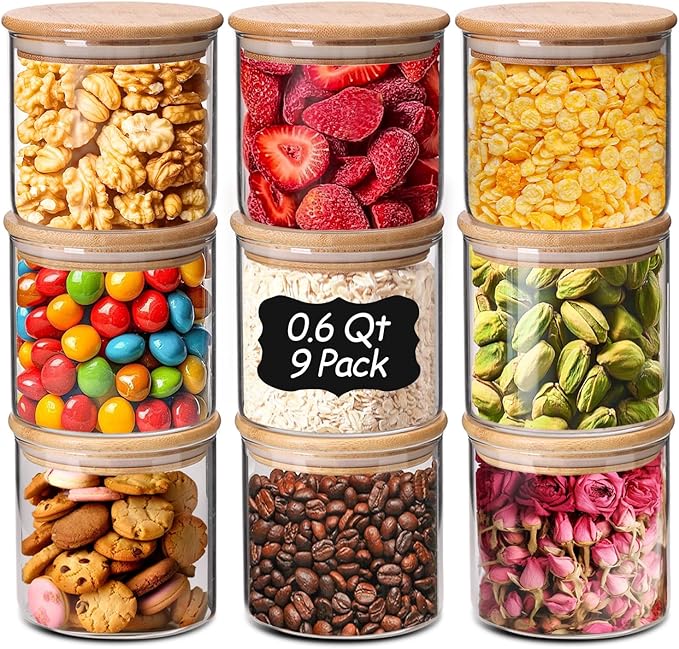 ComSaf 0.6 Qt Glass Food Storage Jars Set of 9, Clear Glass Storage Containers with Lids, Pantry Organization Jar, Spice, Blooming Tea, Oat, Coffee and Sugar Container, Small Canister Set for Kitchen-Ruum Studio Home