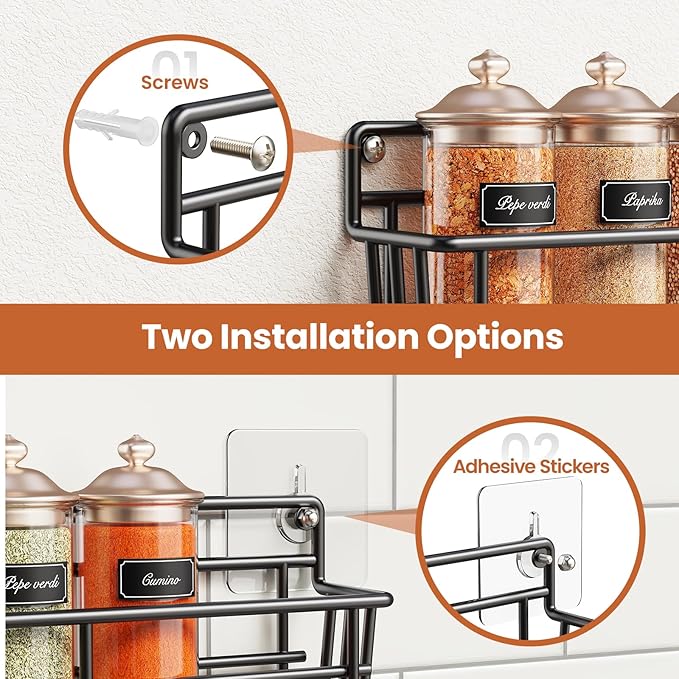 Spice Rack wall mounted 6 Pack, Space-Saving Spice Organizer for Spice Jars and Seasonings,Screw or Adhesive Hanging Spice Rack Organizer for Your Kitchen Cabinet,or Pantry Door-Ruum Studio Home