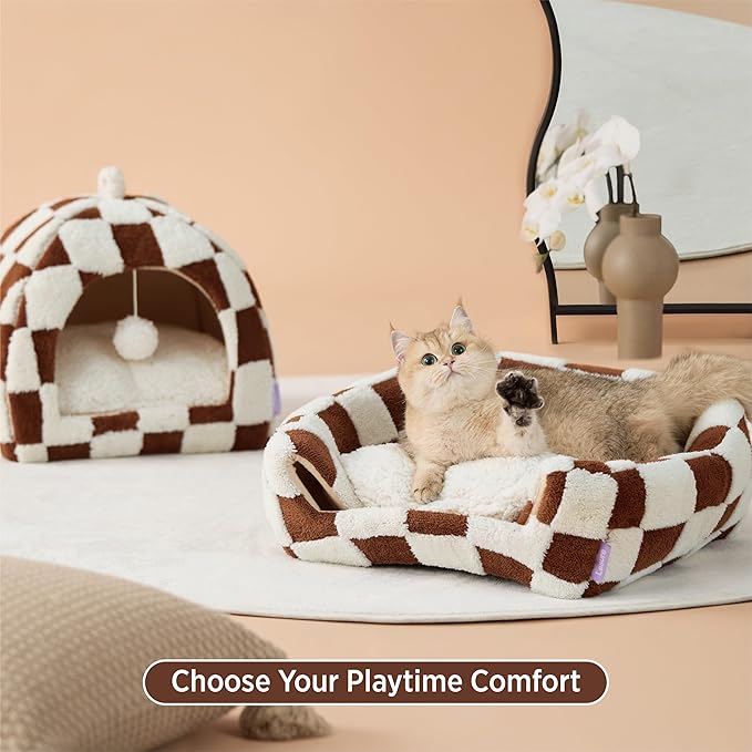Lesure Cute Cat Beds for Indoor Cats - 2 in 1 Cat Cave Bed for Large Cats, House with Removable Washable Cushioned Pillow, Cozy Tent House with Non-Slip Bottom, Brown, 17.3 inches-Ruum Studio Home
