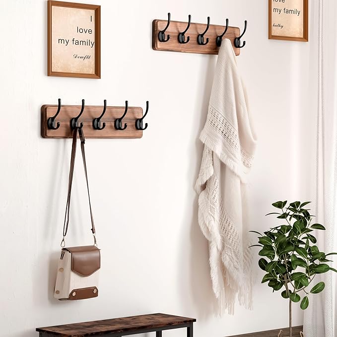 Dseap Wall Mounted Coat Rack: Patented, Heavy-Duty, 17.4" Long 5-Double-Hooks Wooden Hanger Rail for Winter Coats, Hat, Jacket, Clothing - Natural & Black-Ruum Studio Home