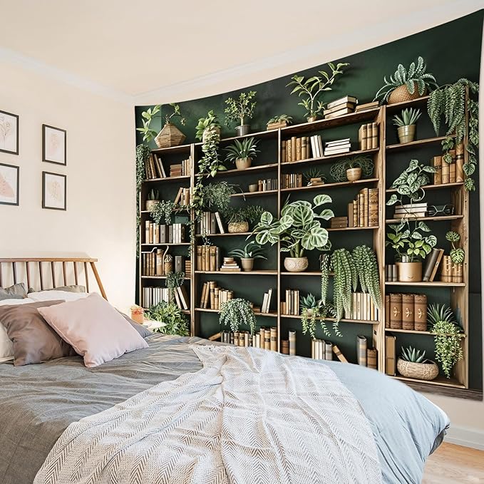HVEST Green Plant Bookshelf Tapestry Book on Bookshelf and Plant Potted Tapestry Wall Hanging Reading Wall Art Decor for Study Room Bedroom Living Room College Dorm, 40L x 60W Inches-Ruum Studio Home