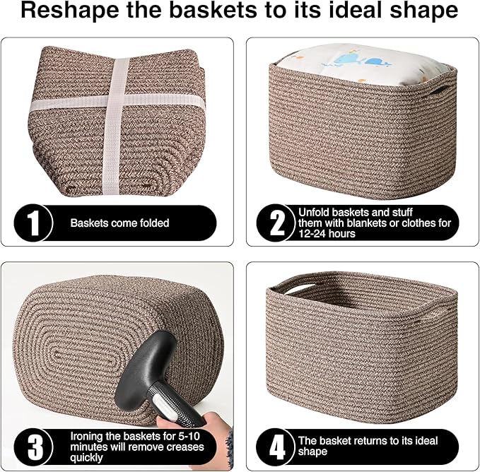 Storage Baskets for Shelves Organizing, Woven Cotton Rope Baskets for Storage, Book Basket, Decorative Shelf Basket, 12.5"Lx9.1''Wx7.9''H (4 Packs) Dark Brown-Ruum Studio Home