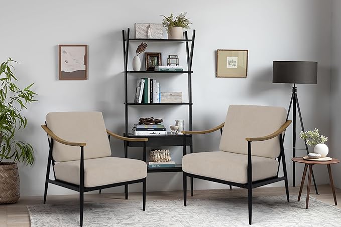 Modern Accent Chairs Set of 2 for Living Room Bedroom Mid Century Arm Chairs Upholstered Office Accent Chairs Comfy Waiting Room Chairs with Metal Frame, Beige-Ruum Studio Home