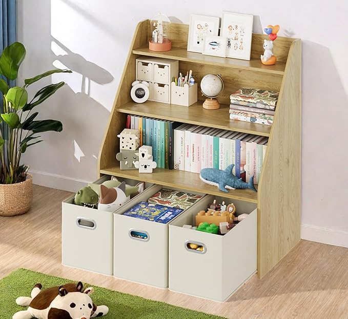 Kids Bookshelf and Toy Organizer, 3-Tier Toy Storage Organizer with 3 Movable Drawers, Montessori Toy Shelf, Nursery Book Shelves Toddler Bookshelf for Kids Room Living Room Nursery-Ruum Studio Home
