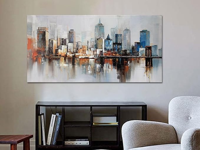 Arjun Brooklyn Bridge Wall Art Modern New York City Abstract Canvas Cityscape NY Painting Large Framed Colorful NYC Skyline Textured Picture for Living Room Bedroom Home Office Wall Decor, 48"x24"-Ruum Studio Home