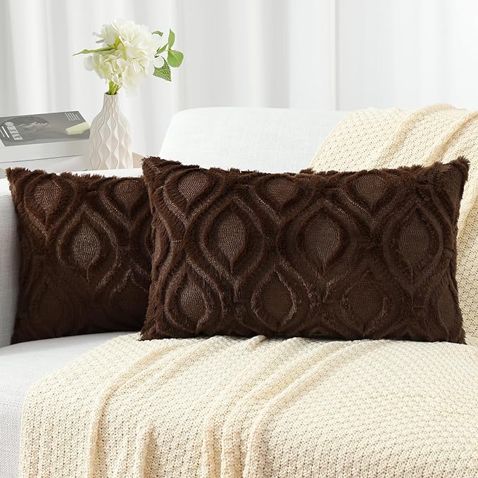 decorUhome Throw Pillow Covers 12x20 Inch Set of 2, Soft Plush Decorative Faux Fur Dark Brown Solid Couch Pillow Covers, Accent Farmhouse Neutral Lumbar Euro Pillow Cases for Sofa Bed Living Room-Ruum Studio Home
