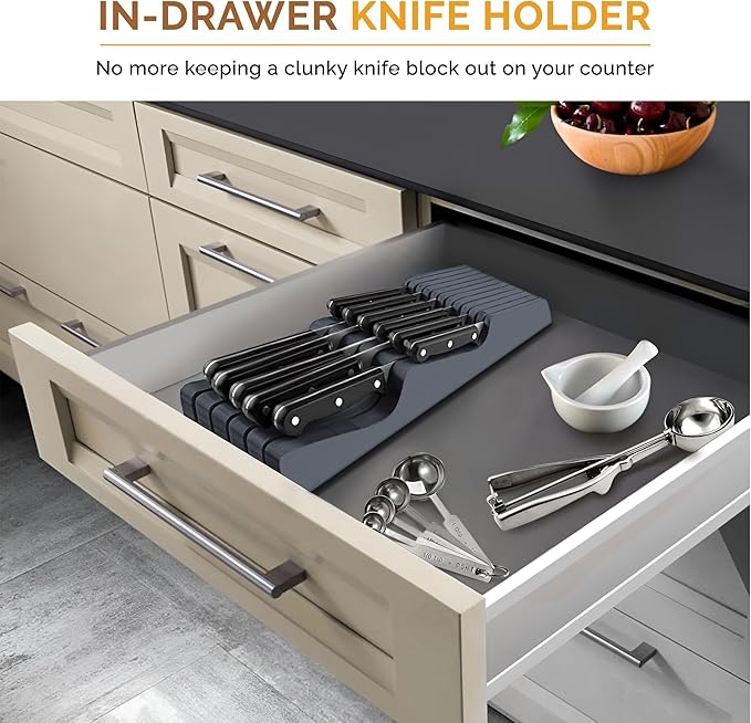 In-Drawer Knife Block - Bamboo Knife Drawer Organizer for Kitchen - Fits 5 Long + 6 Short Knives, Store Knives with Blades Pointing Down - Wooden Steak knife Holder without Knives (Grey)-Ruum Studio Home
