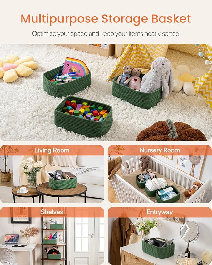 KALLAX Small Woven Basket, 12 x 8 x 4.5 Inches, Storage Basket for Organizing, Cute Small Rope Shelf Closet Cube Storage Bins Baskets for Shelves, Dog Toy Gift Baskets Empty, 3 Packs, Green-Ruum Studio Home
