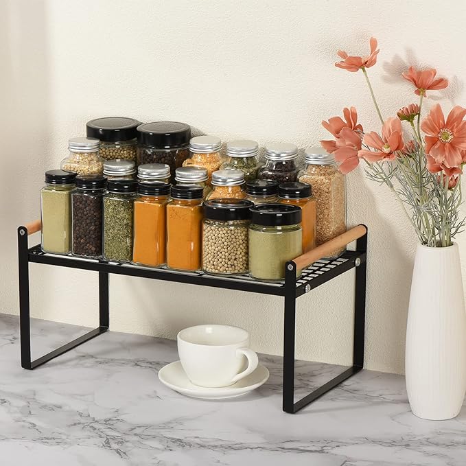 PATIKIL Kitchen Cabinet Shelf Organizer, Wood Counter Shelf Stackable Storage Shelf For Cupboard, Pantry, Corner, Under Sink - Black-Ruum Studio Home