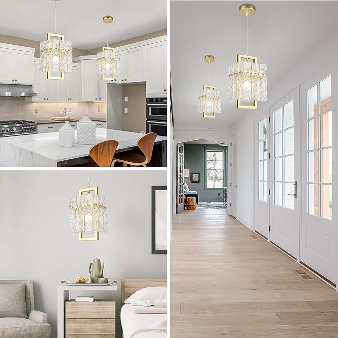 IKK Gold Crystal Pendant Light for Kitchen Island, Luxury Water Ripple Glass Chandelier Lights Fixture, Modern Elegant Adjustable Pendant Lighting for Dining Room Bedroom, E12 Bulb, L6.5'' x H11.8''-Ruum Studio Home