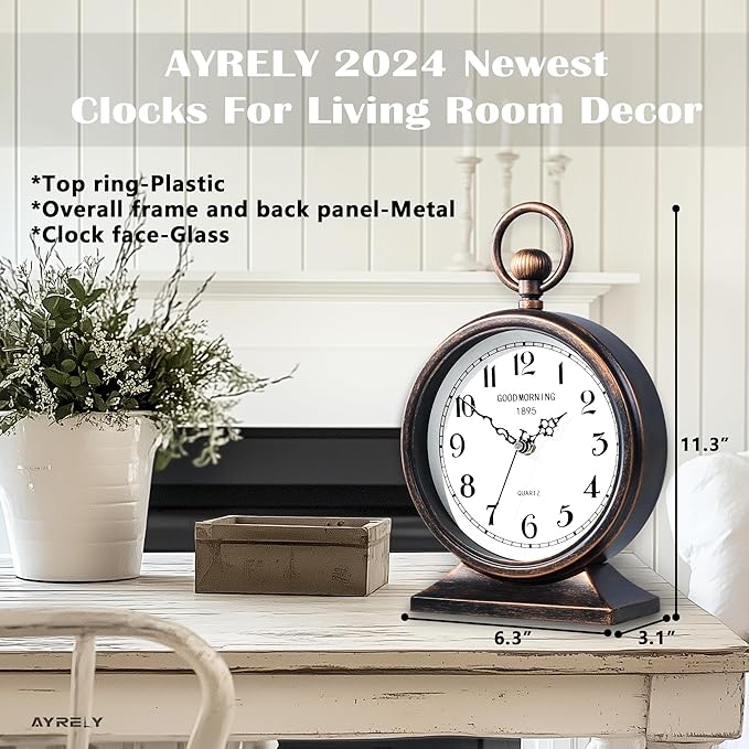 AYRELY® 7-Inch Vintage Mantel Clock with Handle,Antique Metal Desk Clocks Battery Operated,Retro Table Clock for Bedroom Living Room Shelf Farmhouse Fireplace Décor-Ruum Studio Home