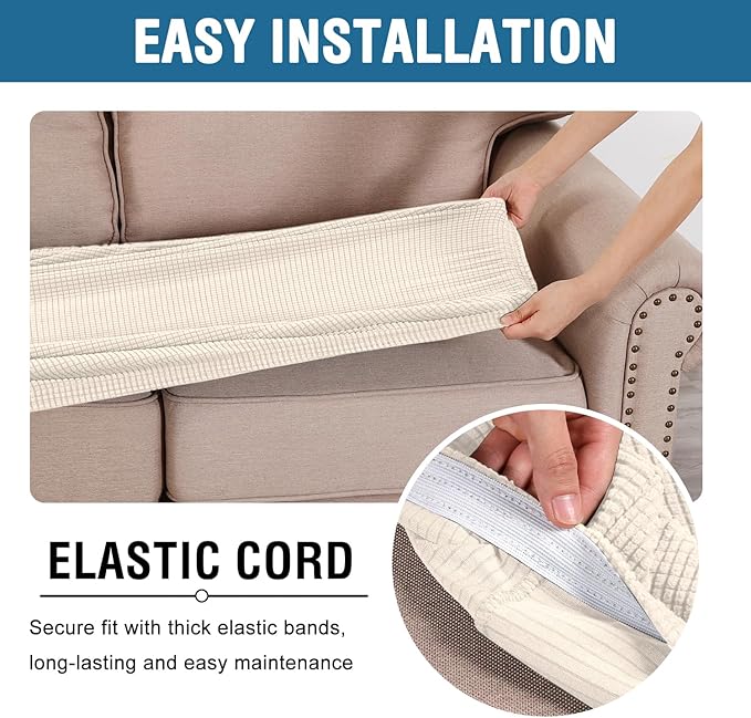 H.VERSAILTEX Super Stretch Individual Seat Cushion Covers Sofa Covers Couch Cushion Covers Slipcover Sets Thick Jacquard Textured Twill Fabric (1 Piece Loveseat Cushion Cover, Natural)-Ruum Studio Home