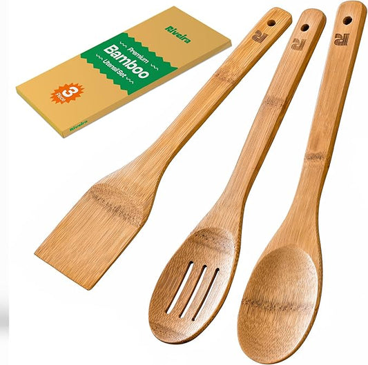 Riveira Dark Bamboo Wooden Spoons for Cooking 3-Piece, Apartment Essentials Wood Spatula Spoon Nonstick Kitchen Utensil Set Premium Quality Housewarming Gifts for Everyday Use-Ruum Studio Home