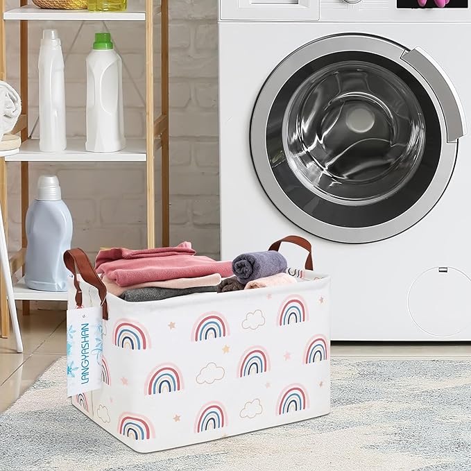 LANGYASHAN Rectangular Storage Bin Collapse Canvas Fabric Cartoon Storage Basket with Handles for Organizing Home Kitchen Boys and Girls Toys Office Closet Shelf Baskets(Rec Cloud Rainbow)-Ruum Studio Home