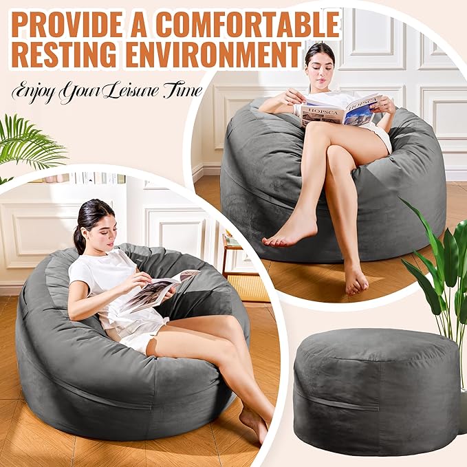 4FT Bean Bag Chair: Bean Bag with Velvet Cover, Fluffy and Comfy Bean Bag Chairs for Adults and Kids, Bean Bag Sofa Filled with High-Density Sponge for Gaming (Grey)-Ruum Studio Home