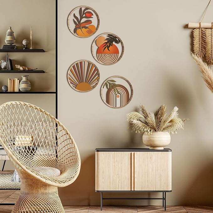 Qunclay 4 Pieces Boho Wall Art Wooden Bohemian Wall Decor Hanging Art Nursery Decor Farmhouse Geometric Hanging 10 Inch Aesthetic Wood Minimalist for Apartment Bedroom(Stylish)-Ruum Studio Home