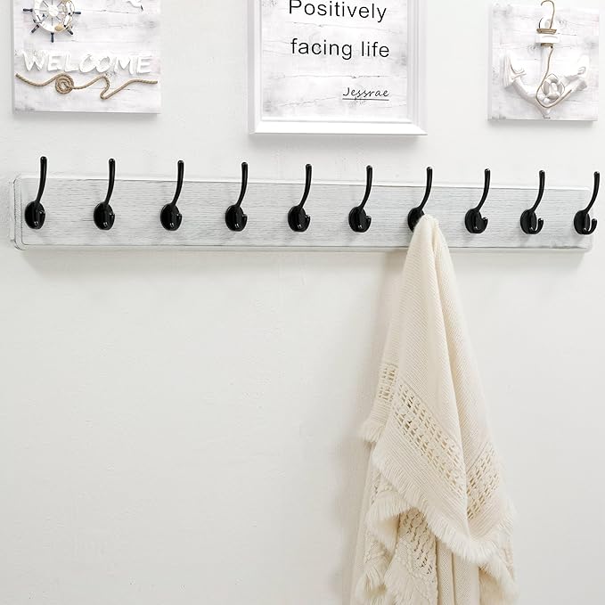Dseap Coat Rack Wall Mount: 38-1/4" Long, Patented, Heavy-Duty, 10-Double-Hooks Wooden Hanger Rail for Winter Coats Hat Jacket Clothing, White & Black-Ruum Studio Home