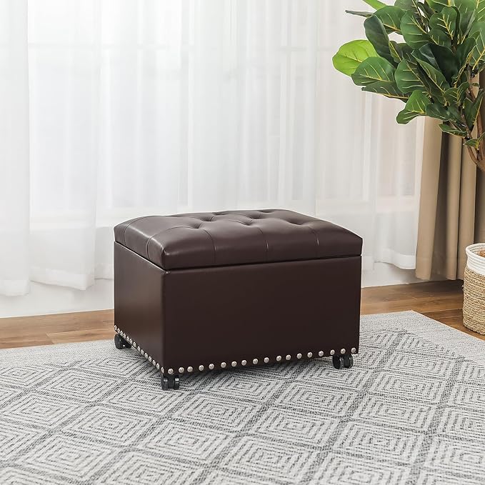 Leather Storage Ottoman Bench with Steerable Rolling Wheels, Rectangle 24 Inch Foot Rest Ottomans Stool for Living Room Bedroom (Vintage Brown)-Ruum Studio Home