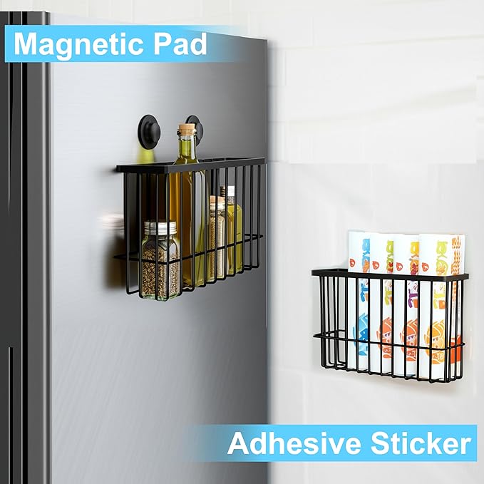 Magnetic Basket for Fridge, Magnetic Basket, Foil and Plastic Wrap Organizer with 4 Caddy Adhesive Stickers, Cabinet Storage Basket for Kitchen Wrap Food Bag Storage, Black, 2 Pack-Ruum Studio Home