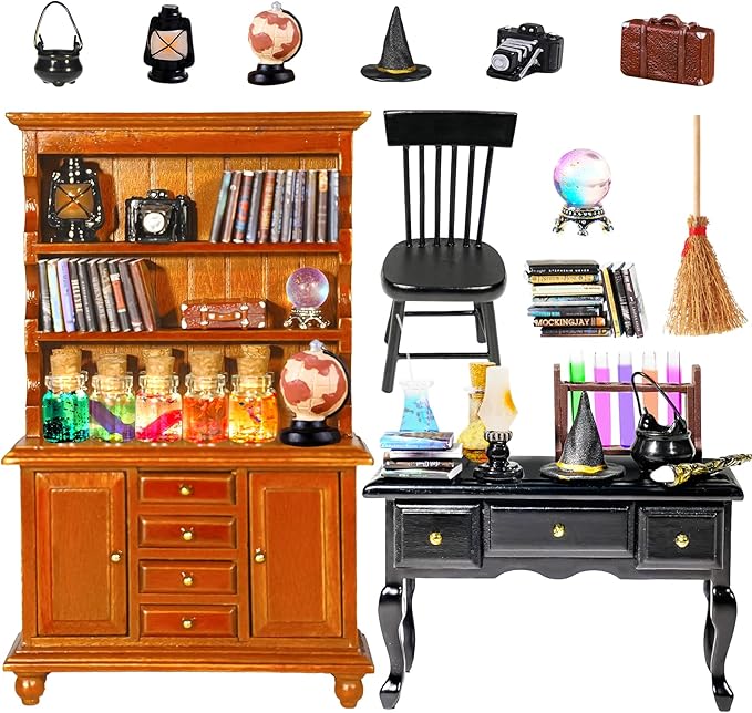 Rileryan 54 Pcs 1:12 Scale Magic Witchy House Kit Miniature Furnitures Accessories Mini Wooden Bookshelf Bookcase 30 Mini Books Desk Chair Halloween Decoration-Ruum Studio Home