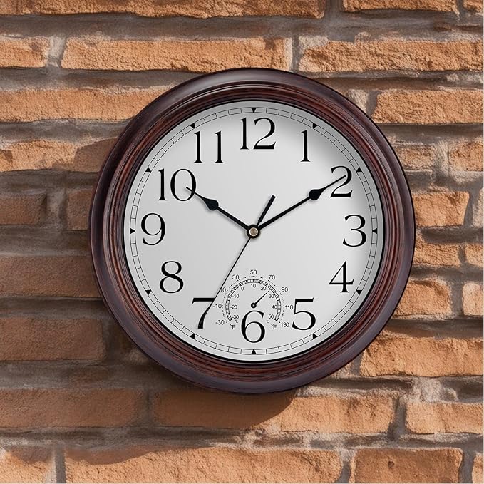 12 Inch Outdoor Wall Clock with Thermometers, Vintage Silent Wall Clocks Battery Operated, Retro Non-Ticking Clock Decorative for Living Room, Patio, Kitchen, Office, Bathroom, Bedroom(Bronze)-Ruum Studio Home