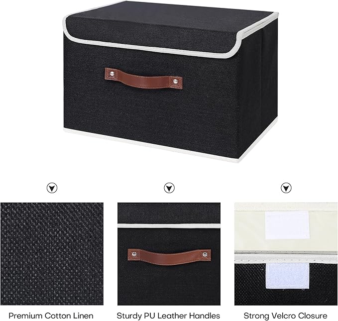 ANMINY Storage Bin with Lid Storage Boxes with PU Leather Handles PP Plastic Board Decorative Foldable Lidded Cotton Linen Fabric Home Cubes Baskets Closet Organizer Container - Black, Large Size-Ruum Studio Home