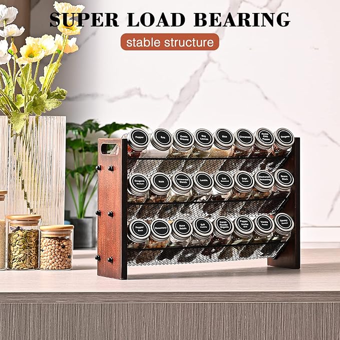 Spice Rack Organizer for Cabinet, Spice Organizer with 24 Empty Spice Jars, 180 Spice Labels, Wooden Spice Jar Organizer, Seasoning Organizer for Cabinet Kitchen, Pantry, Countertop or Wall Mount-Ruum Studio Home