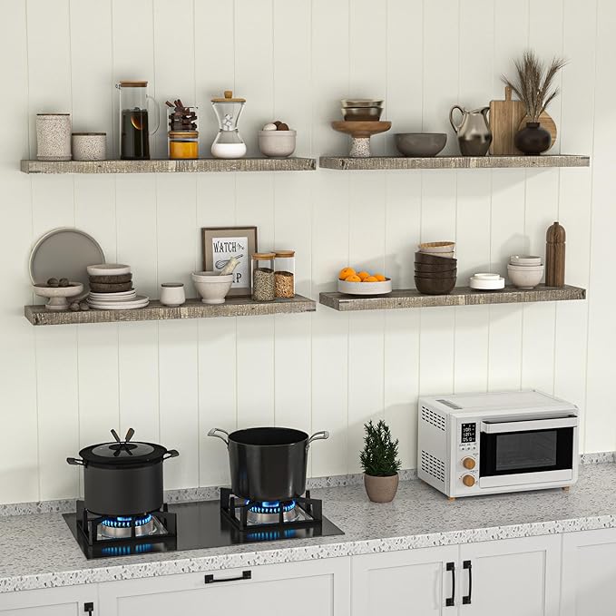 Fun Memories Floating Shelves for Wall Decor, 40"x8" Rustic Reclaimed Wood Shelves, Heavy-Duty Wall Mounted Shelves with Invisible Brackets, Set of 2for Living Room, Bedroom, Kitchen, Grey Finish-Ruum Studio Home