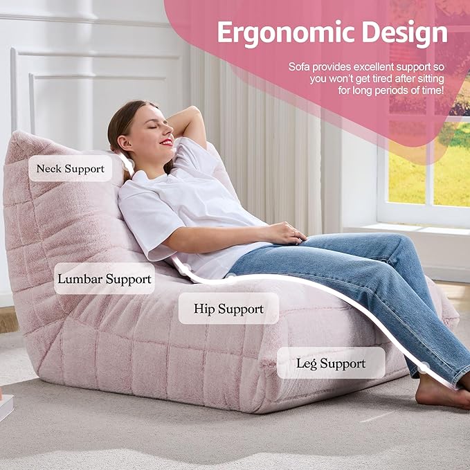 Bean Bag Chairs for Adults Giant Bean Bag Chair Memory Foam BeanBag Chair Big Bean Bag Sofa with Filler Faux Fur Fireside Beanbags Lazy Sofa for Living Room Bedroom Dorm Office (Pink Plush)-Ruum Studio Home