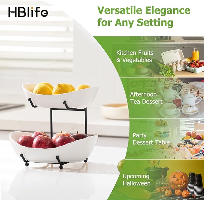 HBlife Fruit Bowl for Kitchen Counter - 2 Tier Ceramic Fruit Rack, Fruit Basket for Fresh Fruit&Veggies, Tiered Fruit Platter Serving Trays for Party-Ruum Studio Home
