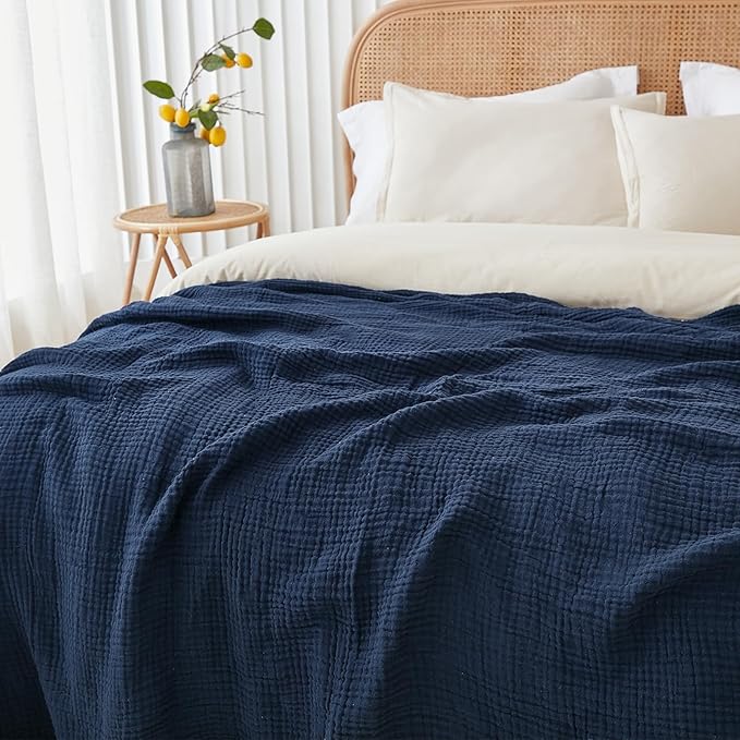 EMME Cotton Blanket Twin XL for Bed Soft Muslin Blankets 66"x90" Lightweight Breathable Layering Bedspread Coverlet All Season Gauze, Navy-Ruum Studio Home