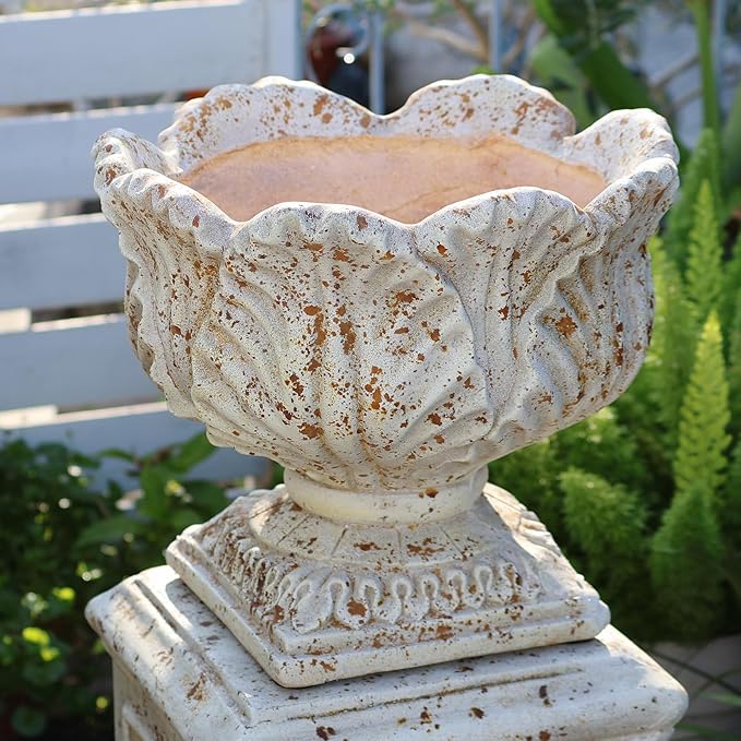 Vintage Garden Urn Planter with Pedestal, Cement and Fiber, Maked Antique, Decorative Leaf Pattern, 14.2x11.8 Inch Pot with 19.3 Inch Stand, Wrap Foam Safely Delivered from Local Warehouse (Antique)-Ruum Studio Home