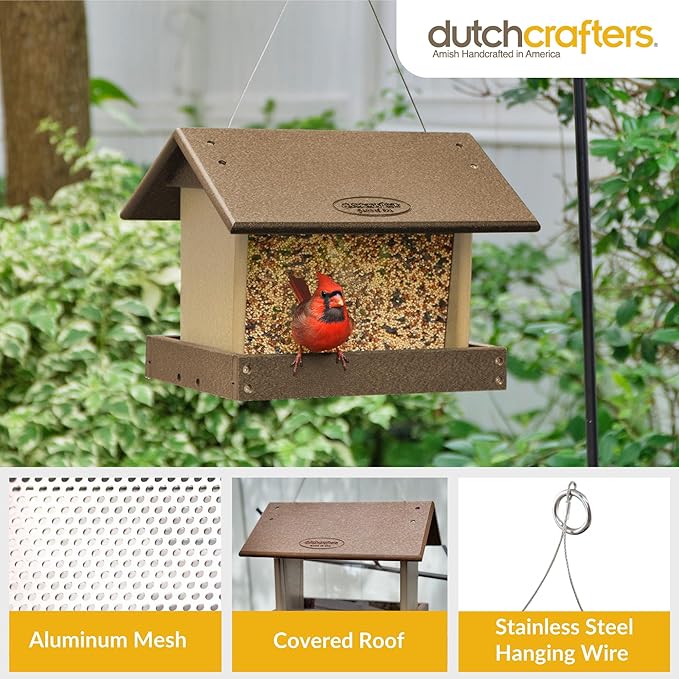 Poly Hanging Hopper Bird Feeder, Large Hanging Bird Feeder for Outside, Outdoors - Amish American Made (Tudor Brown & Weatherwood)-Ruum Studio Home