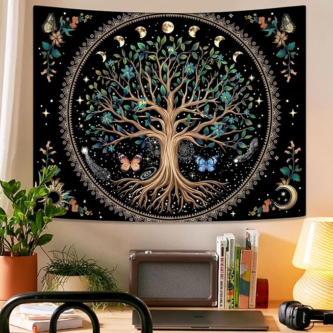 Lunerfex Tree of Life Tapastry Sun and Moon Tapastry Flower Boho Tree Mandala Wall Hanging for Bedroom and Living Room Decor Green Tree 36×48 Inches-Ruum Studio Home