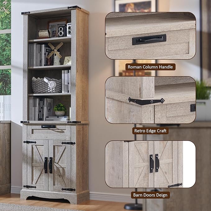 OKD 72'' Tall Bookshelf with Storage, Farmhouse 4 Tier Bookcase w/Barn Door, Adjustable Shelves and Drawers, Rustic Wooden Office Bookshelves for Home Bedroom, Living Room, Library (Light Rustic Oak)-Ruum Studio Home