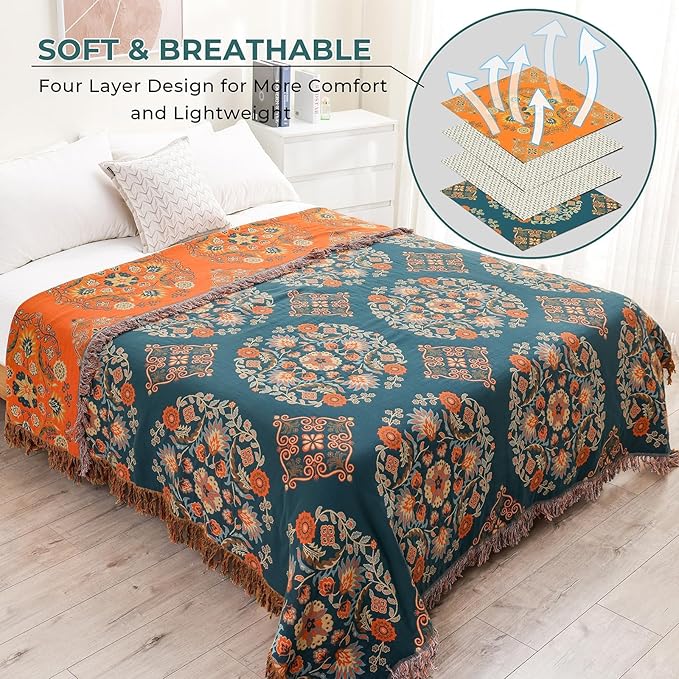 Fall Throw Blanket for Couch Bed Chair,100% Cotton Soft Lightweight Blanket Rustic Quilt -Orange Floral Printed Farmhouse Decor Bed All Season Blankets,60"×80"-Ruum Studio Home