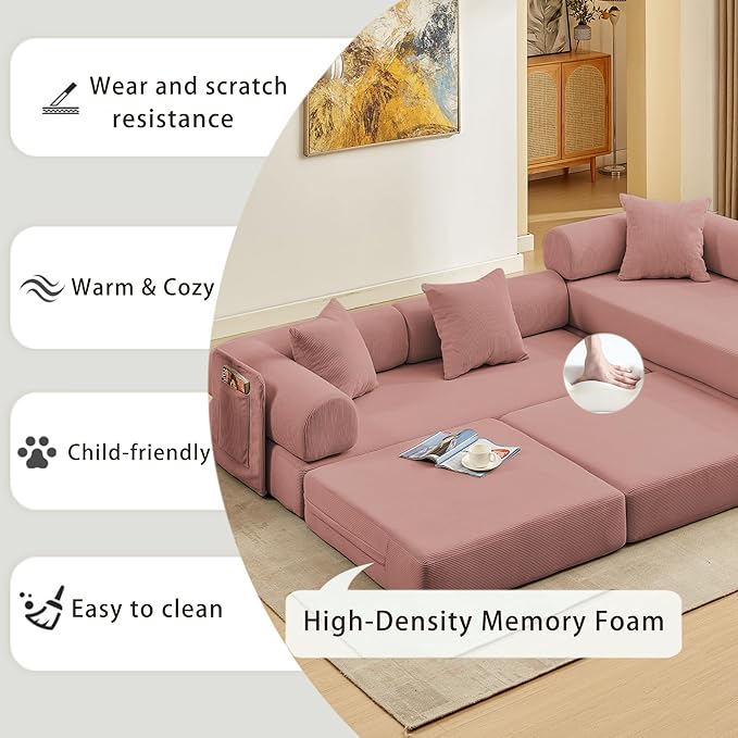 107" Oversized Convertible Sleeper Sofa Bed, Corduroy L Shape Sectional Couch, Folding Sofa Bed with Side Pocket, Modern Cloud Floor Mattress Couch, Modular Sofa for Living Room, Pink-Ruum Studio Home