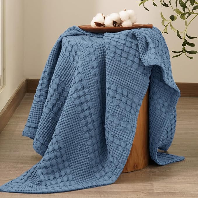 PHF 100% Cotton Waffle Weave Throw Blanket, Soft Lightweight Breathable Cozy Summer Throws for Couch Bed Sofa, Luxury Aesthetic Woven Blanket for Home Decor & Office, 50"x60", Captain's Blue-Ruum Studio Home