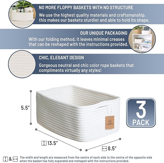 NaturalCozy 13.5”x8.5”x5.5” Storage Baskets for Shelves 3 Pack | Cotton Rope Woven Small Baskets for Organizing | Small Storage Bins for Nursery, Bathroom, Closet, Cube Shelf, Decorative, Gift-Ruum Studio Home